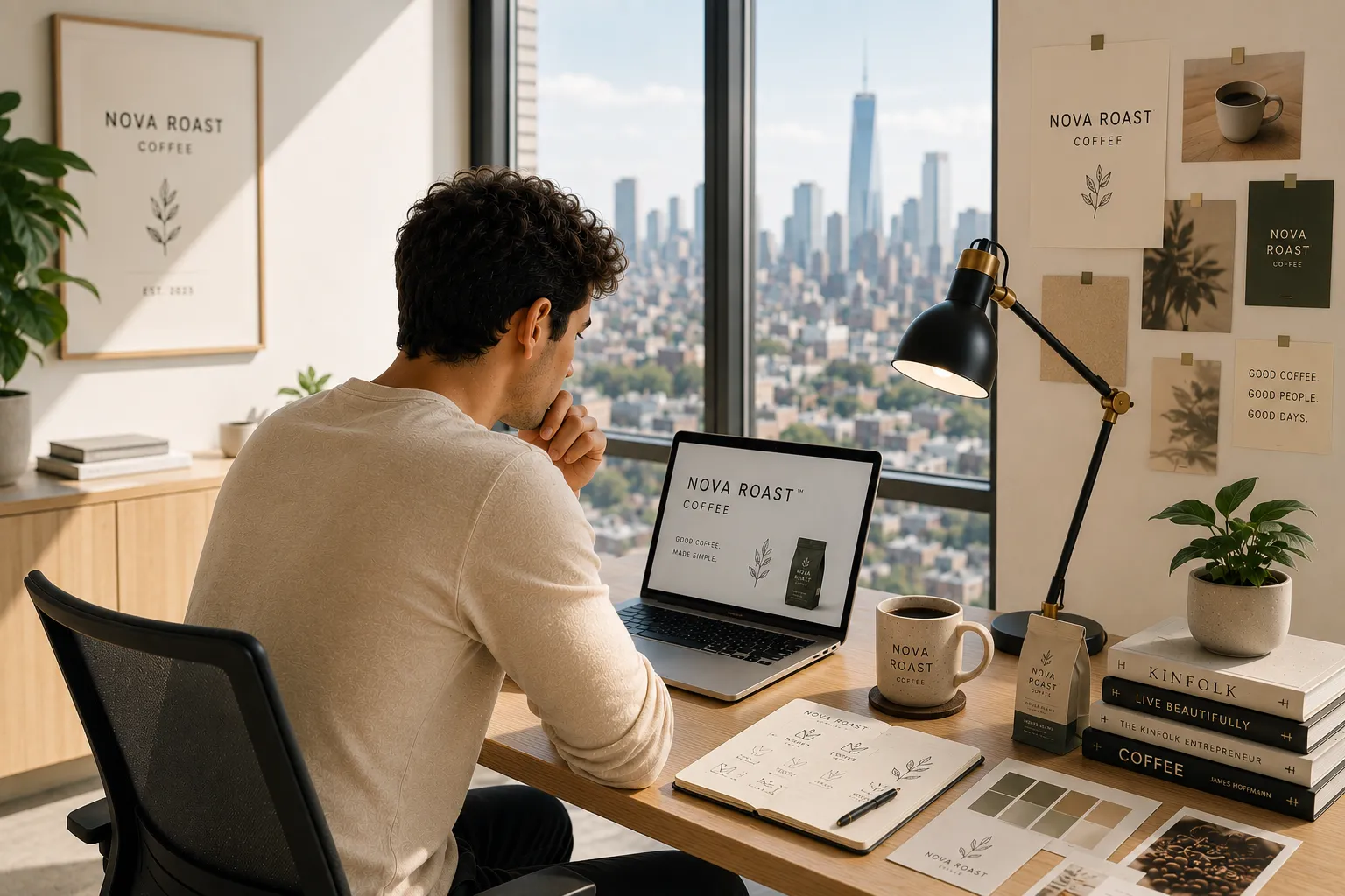 A founder building their brand at a desk overlooking the city